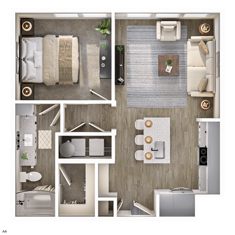 Floor plan for 1 bed, 1 bath, 713 sqft